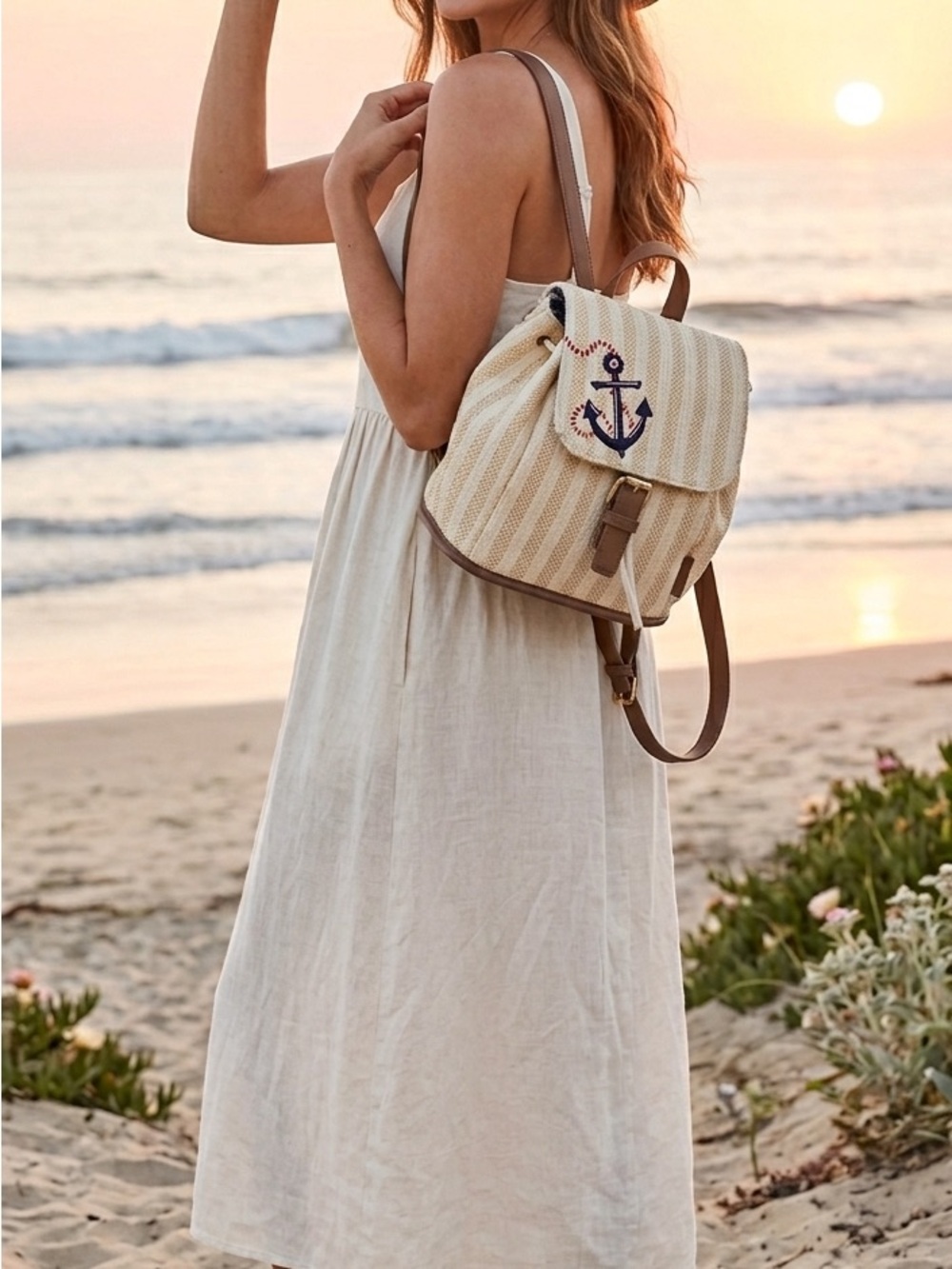 Vera Bradley NWT Straw Mini Backpack Anchors Aweigh Nautical Woven Drawstring